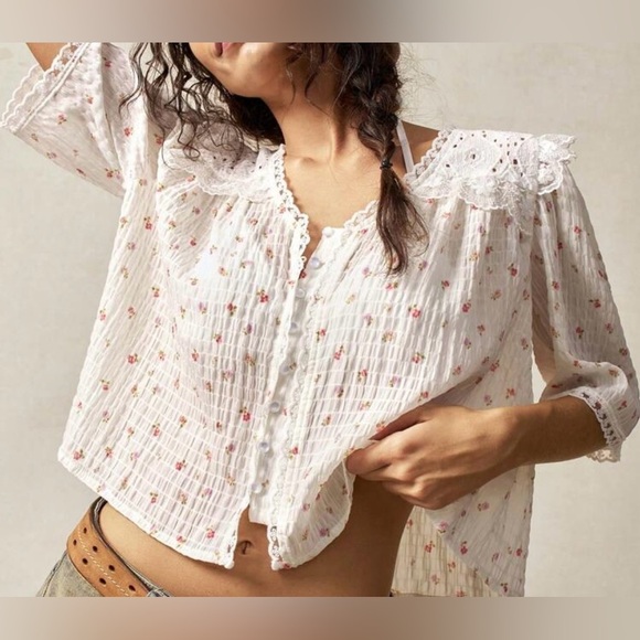 Halo & Harley Tops - Floral Lace Trim Blouse - White
